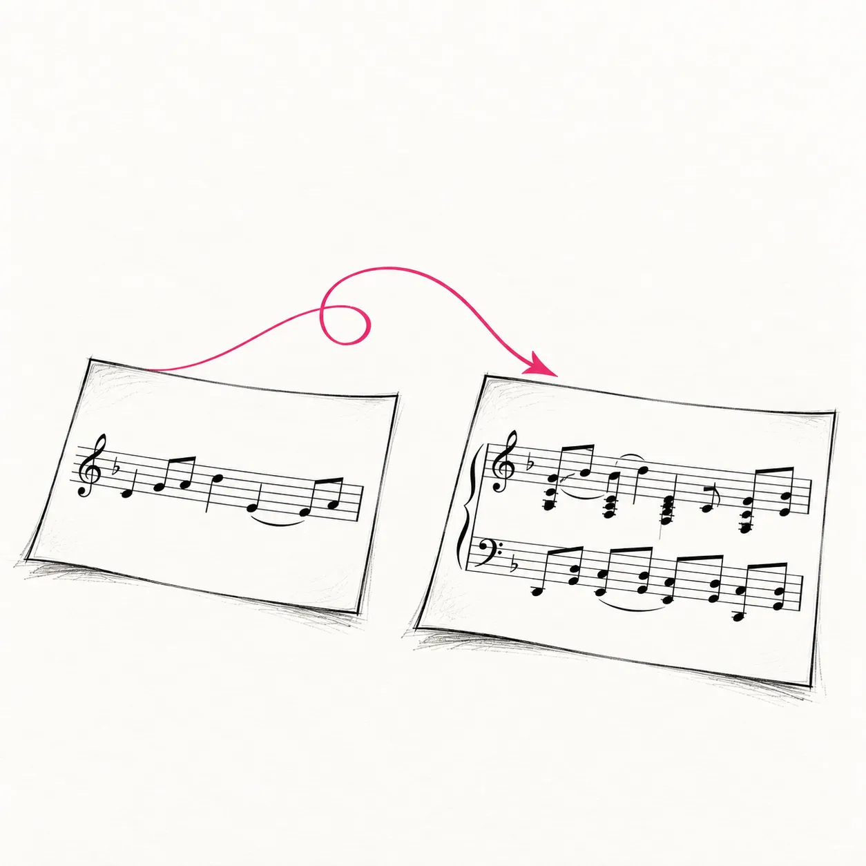Une mélodie se déploie en accords sur une portée de piano.