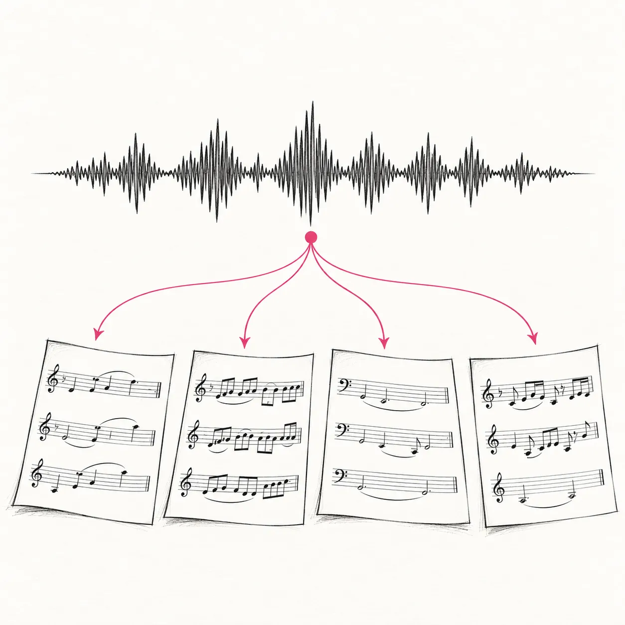 Une onde sonore se répartit en quatre partitions pour plusieurs instruments.
